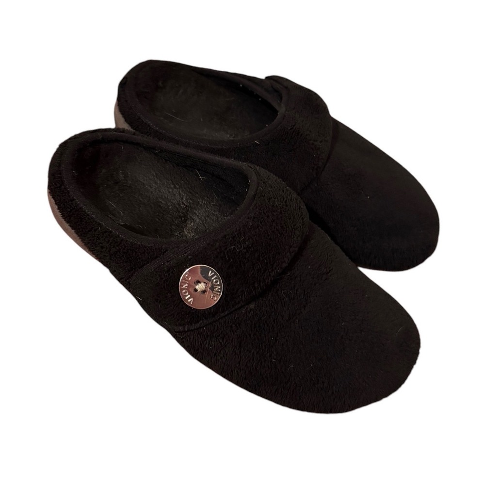 Vionic Sadie Black Plush Orthotic Mule Slippers Womens 7
